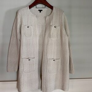 Talbots plus open front classic knit cotton cardigan sweater with silver buttons